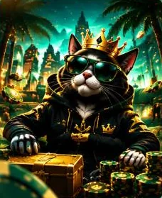 Le King Cat de Kotobet assis sur un coffre rempli de jetons