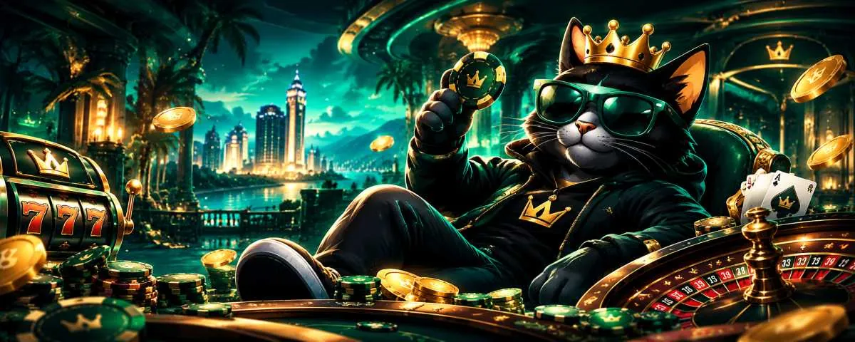 Le chat roi de Kotobet Casino avec couronne dorée et lunettes vertes, entouré de jetons et d'une roulette